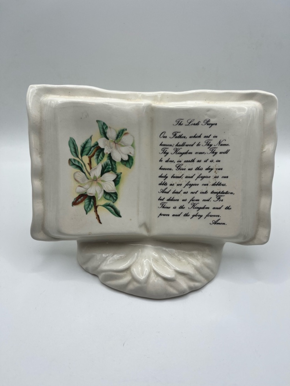 Ceramic Book Plaque with Floral Motif and Prayer - White